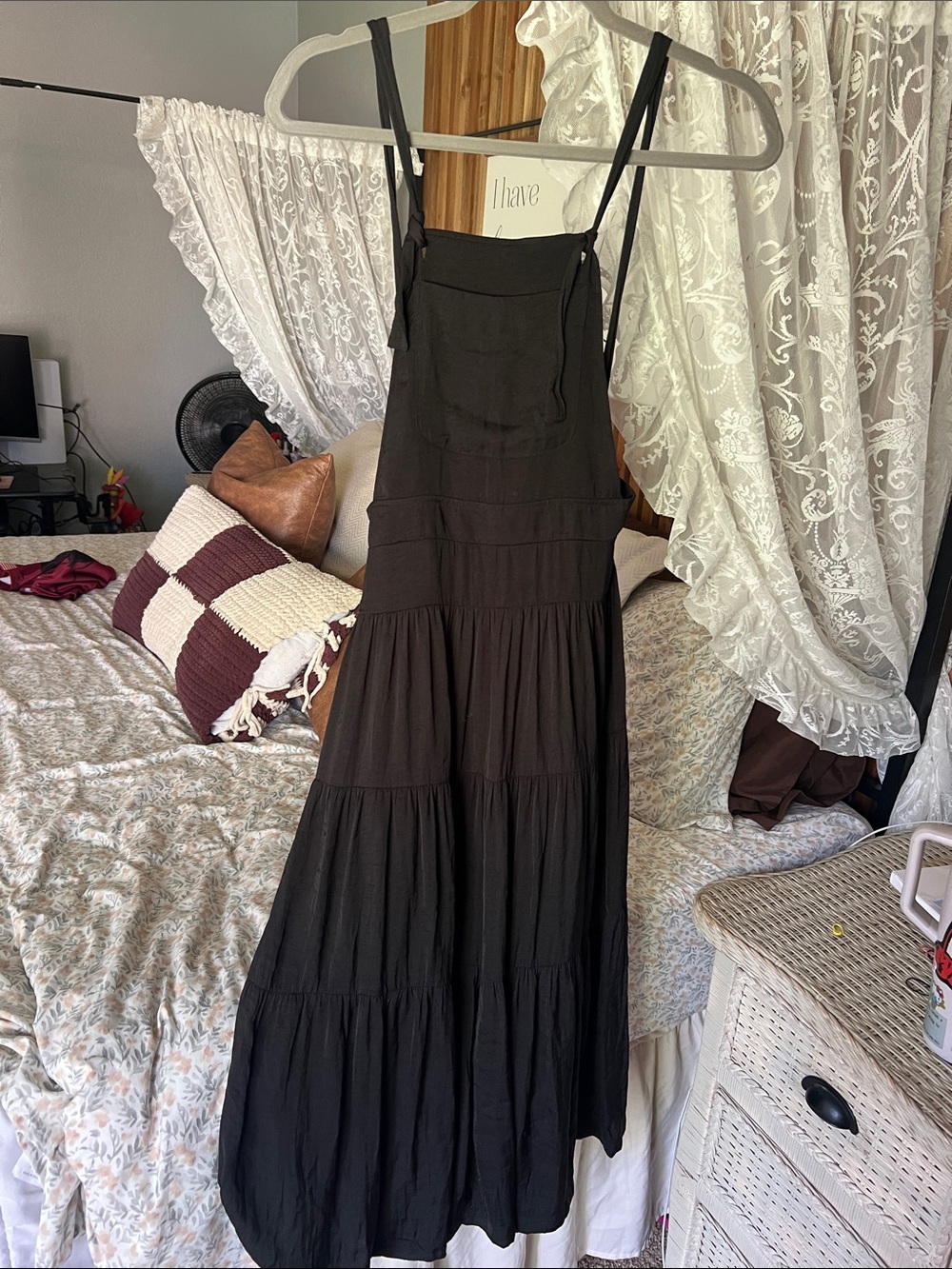 Black Tiered Maxi overall dress with Adjustable Spaghetti Ties